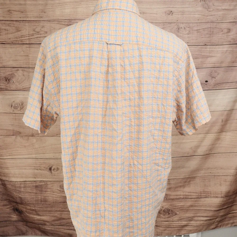 Nautica Shirt Mens L Orange Plaid Short Sleeve Button-Up Seersucker Cotton Rayon